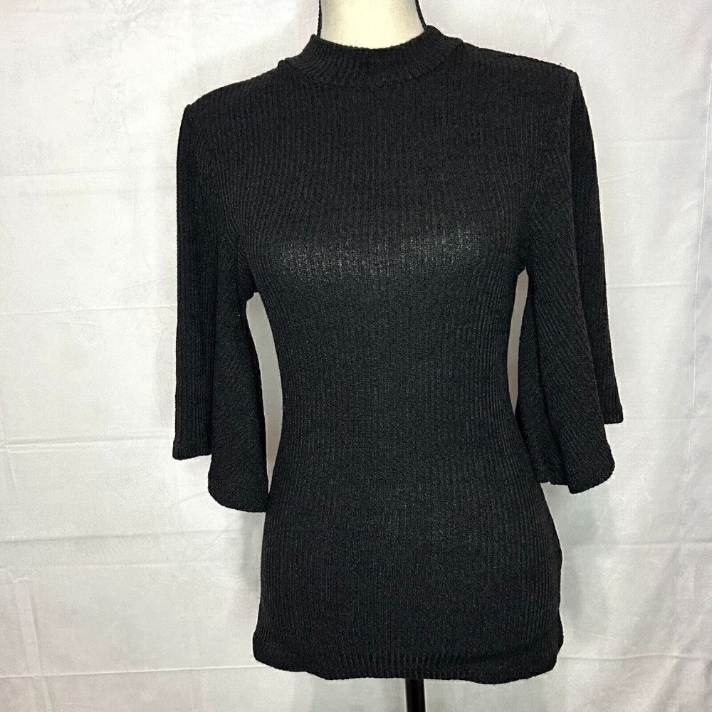 MINKPINK Black Open Back Ribbed Sweater Sz XS Lightweight Bell Sleeves